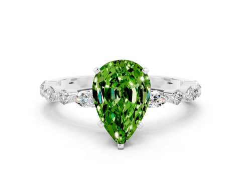White gold Pear Cut Peridot Solitaire with Side Stones on a Pavé Band and Four-Prong Setting