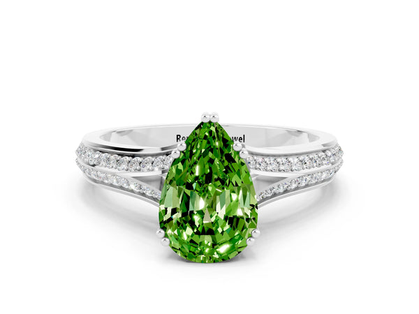 Platinum Pear Cut Peridot Split Shank Engagement Ring with Pavé Band