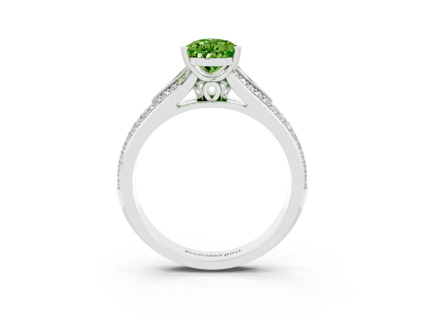 Platinum Pear Cut Peridot Split Shank Engagement Ring with Pavé Band