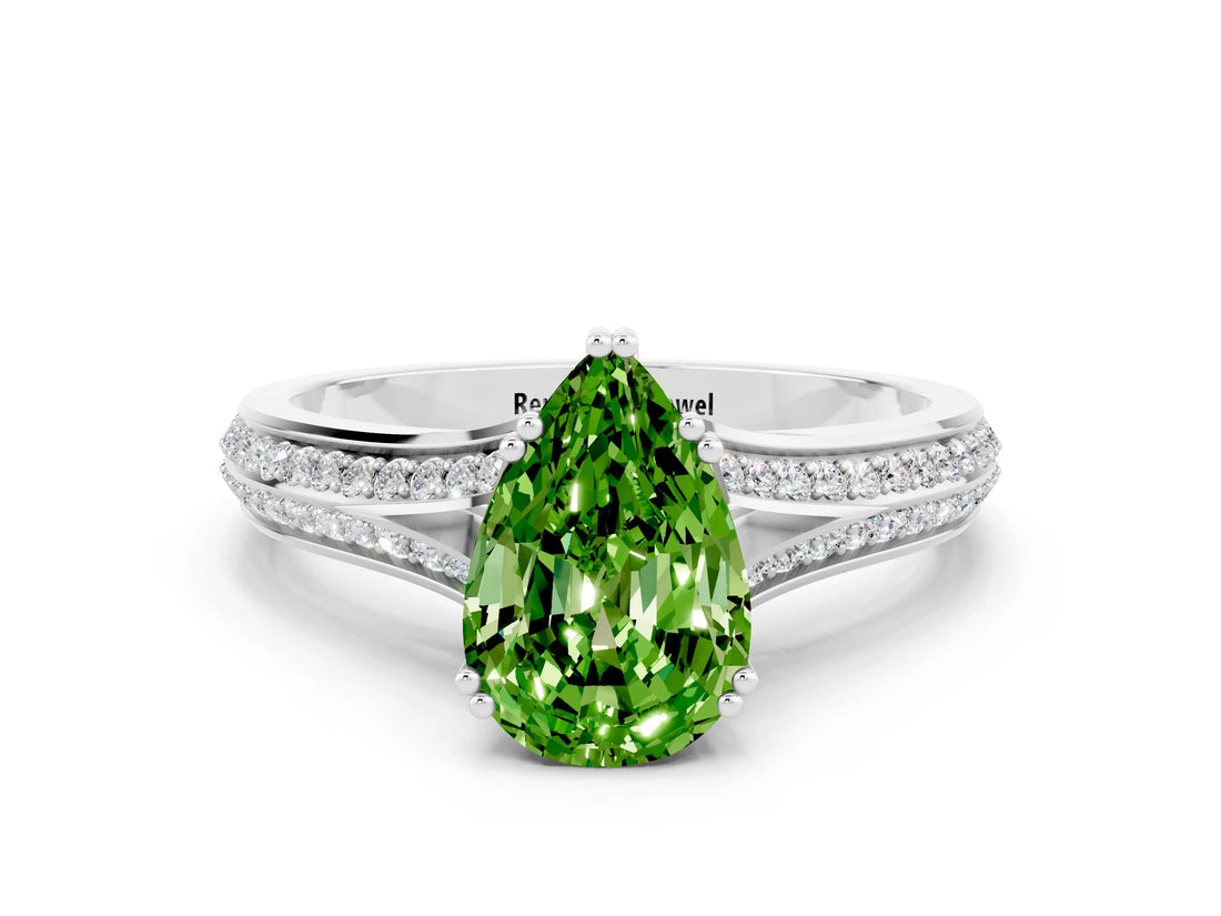 White gold Pear Cut Peridot Split Shank Engagement Ring with Pavé Band