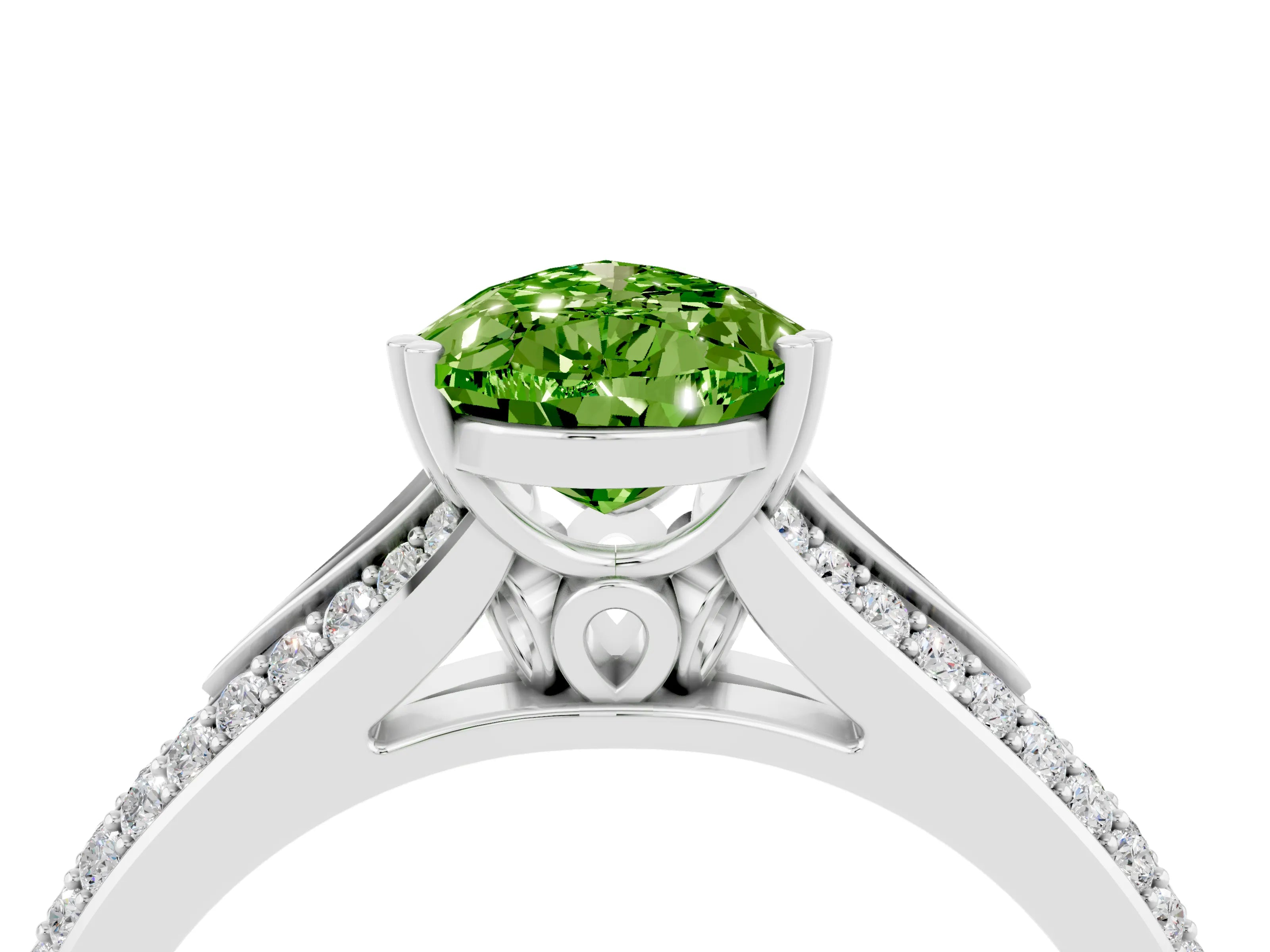 White gold Pear Cut Peridot Split Shank Engagement Ring with Pavé Band_4