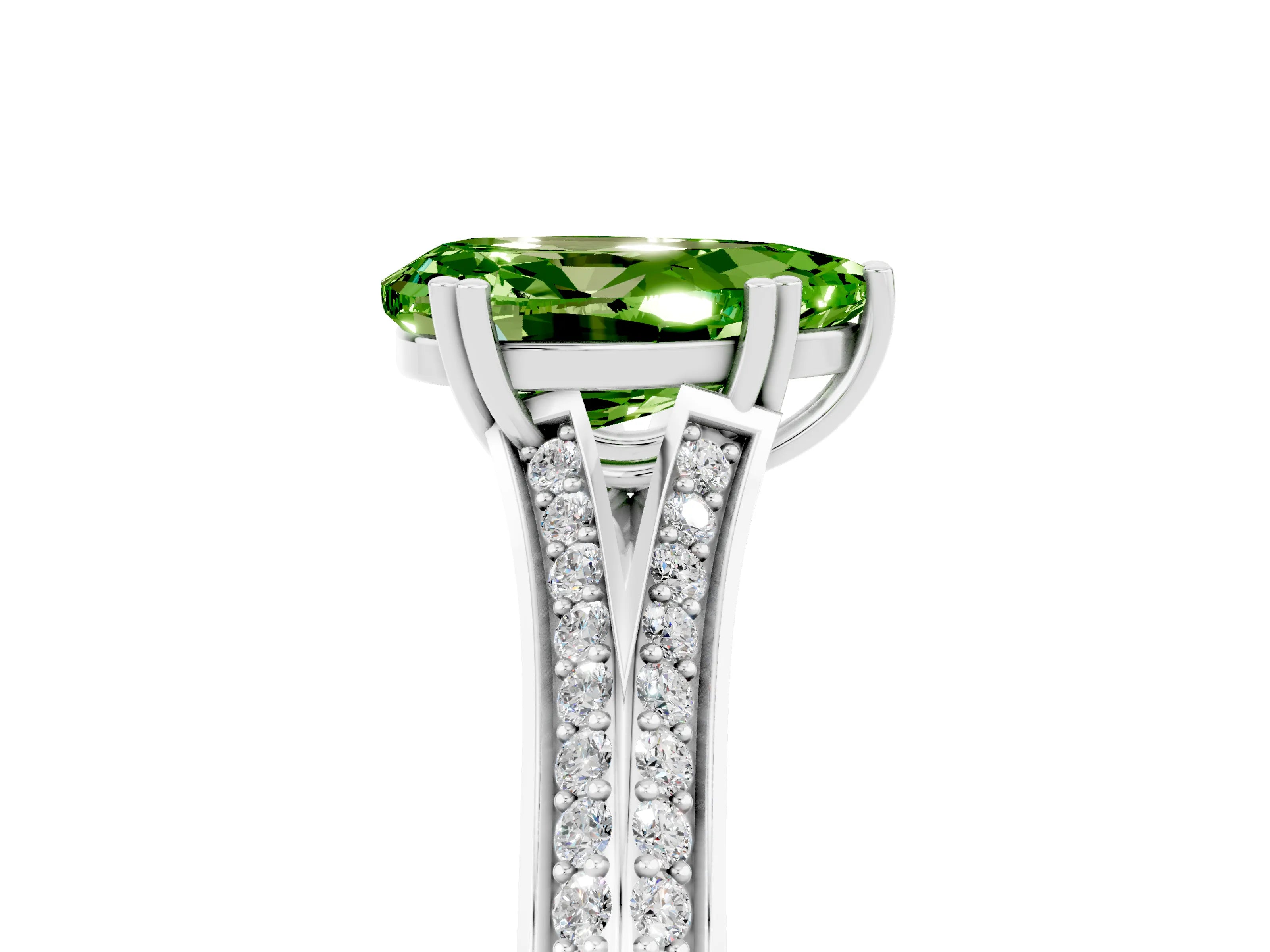 White gold Pear Cut Peridot Split Shank Engagement Ring with Pavé Band_5