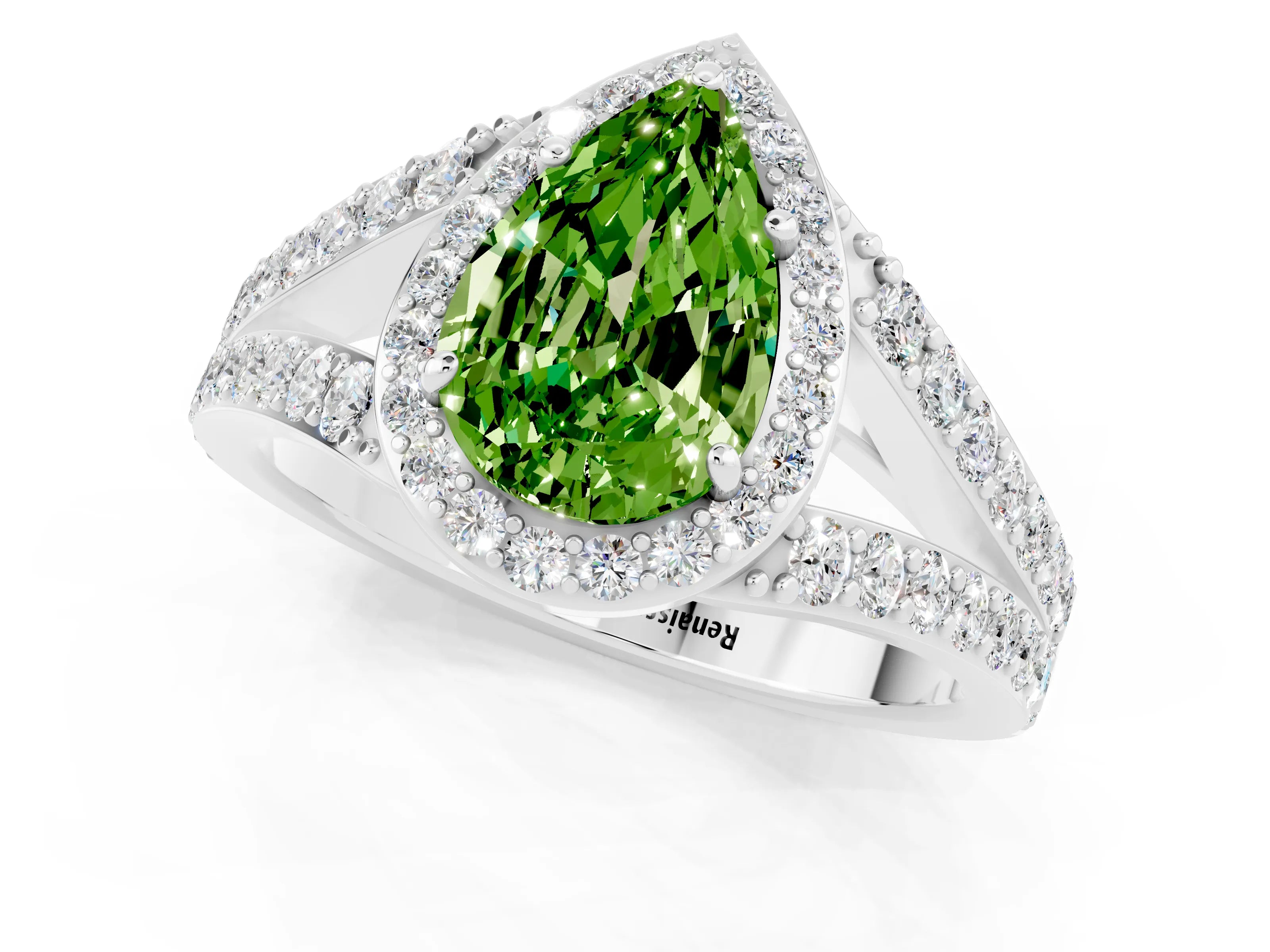 White gold Pear Cut Peridot Split Shank Halo Ring with Four-Prong Setting_13