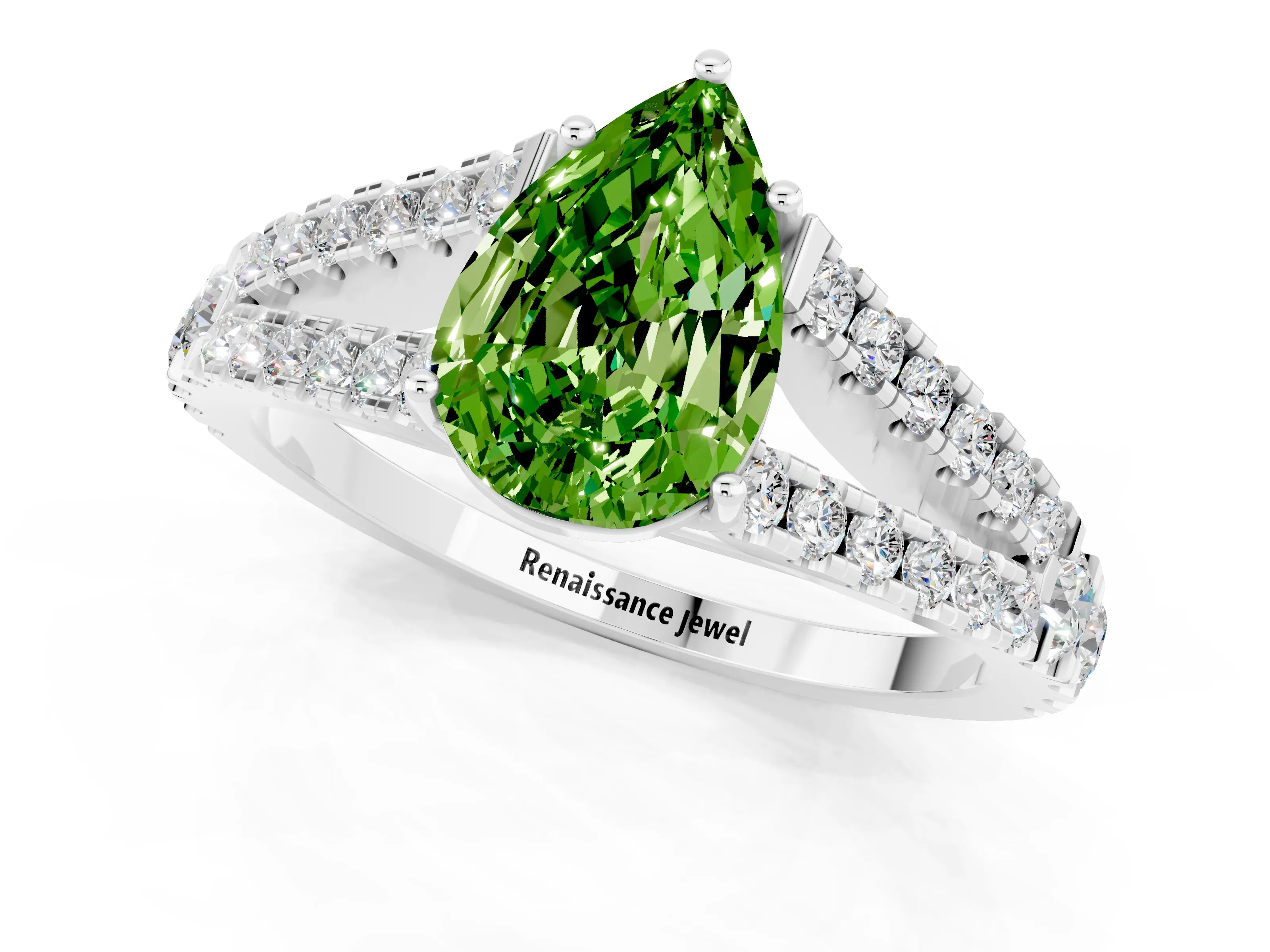 White gold Pear Cut Peridot Split Shank Pavé Engagement Ring with Four-Prong Setting_13