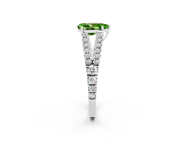 Platinum Pear Cut Peridot Split Shank Pavé Engagement Ring with Four-Prong Setting