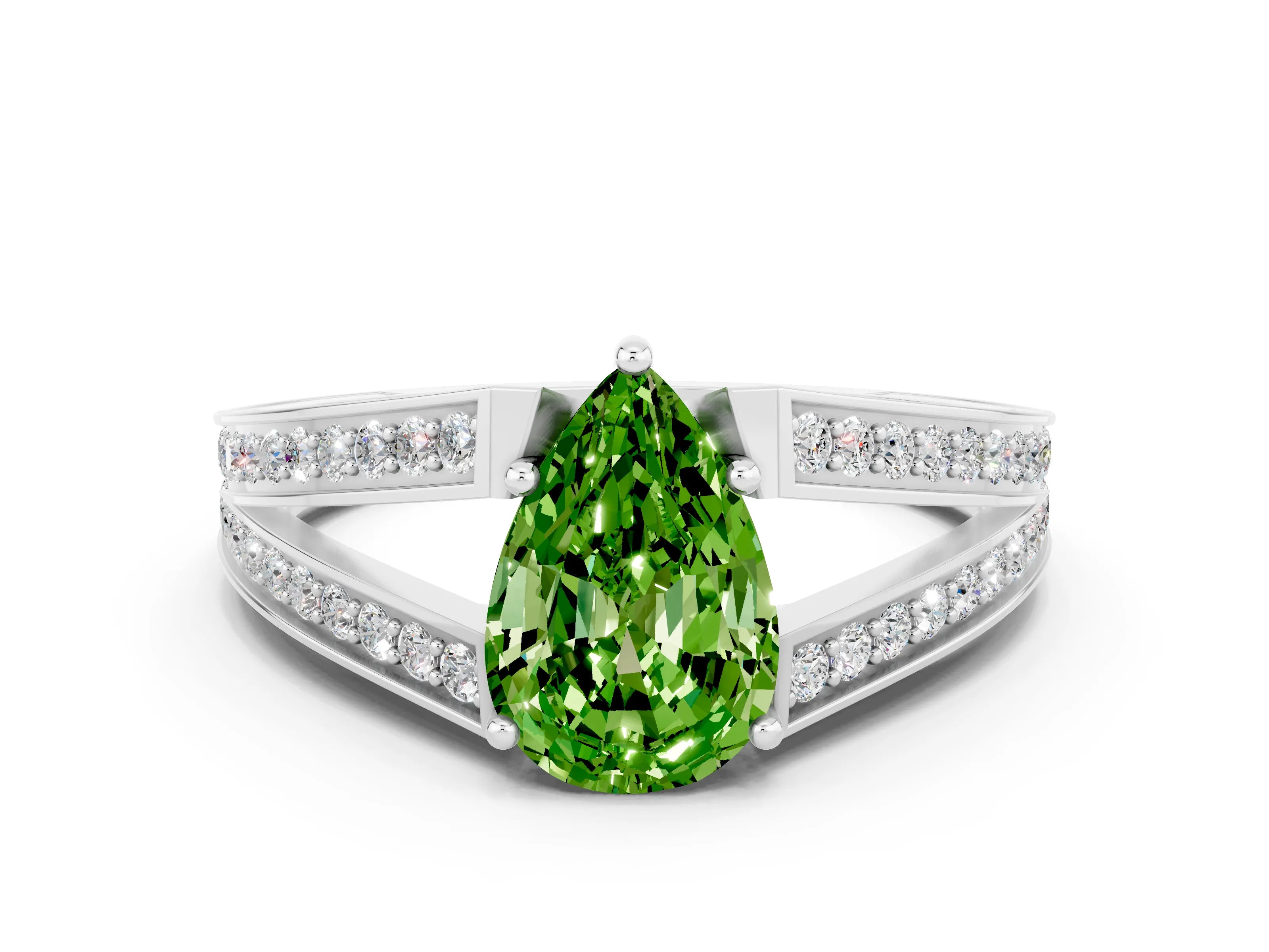 White gold Pear Cut Peridot Split Shank Ring with Pavé Band and Four-Prong Setting