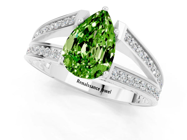 Silver Pear Cut Peridot Split Shank Ring with Pavé Band and Four-Prong Setting