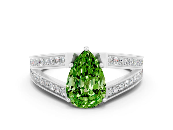 Silver Pear Cut Peridot Split Shank Ring with Pavé Band and Four-Prong Setting
