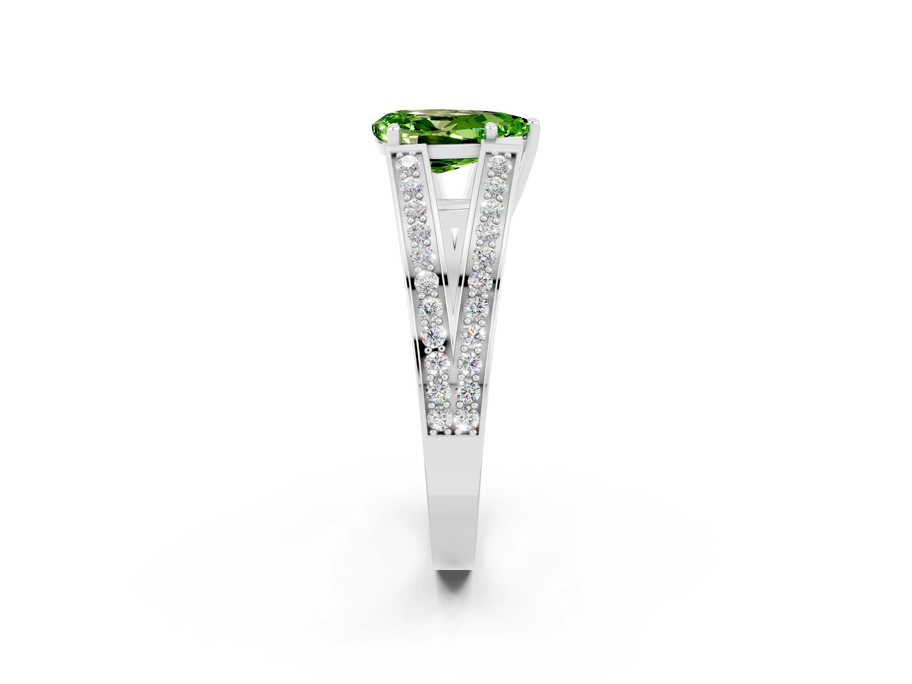 White gold Pear Cut Peridot Split Shank Ring with Pavé Band and Four-Prong Setting_2