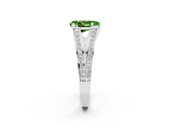 Silver Pear Cut Peridot Split Shank Ring with Pavé Band and Four-Prong Setting