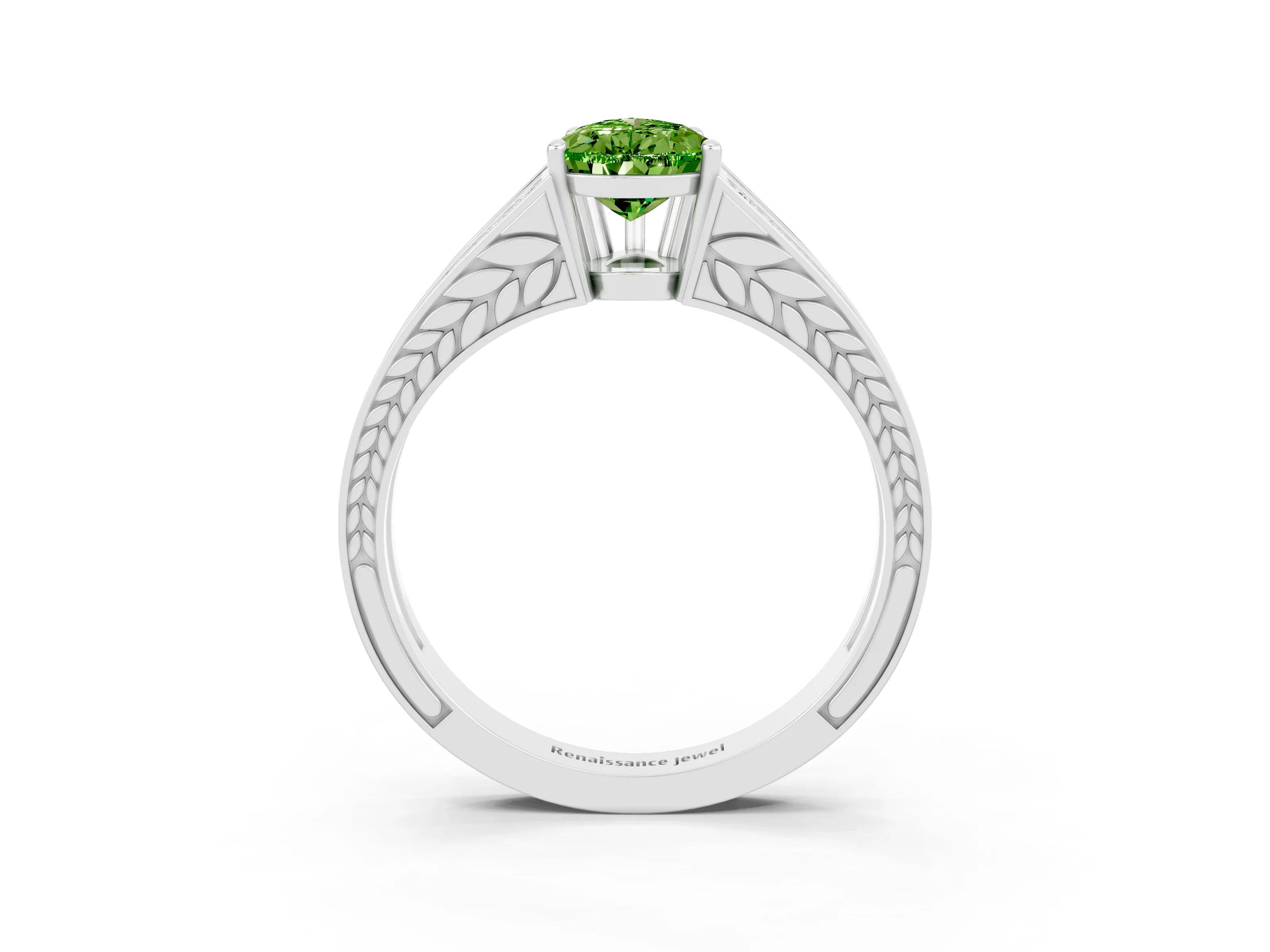 White gold Pear Cut Peridot Split Shank Ring with Pavé Band and Four-Prong Setting_3