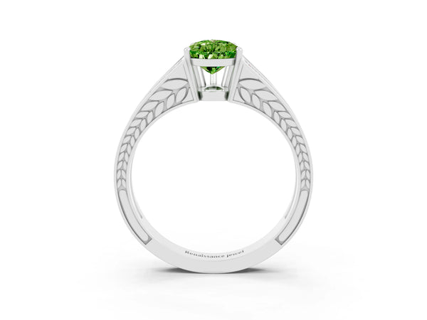 White gold Pear Cut Peridot Split Shank Ring with Pavé Band and Four-Prong Setting