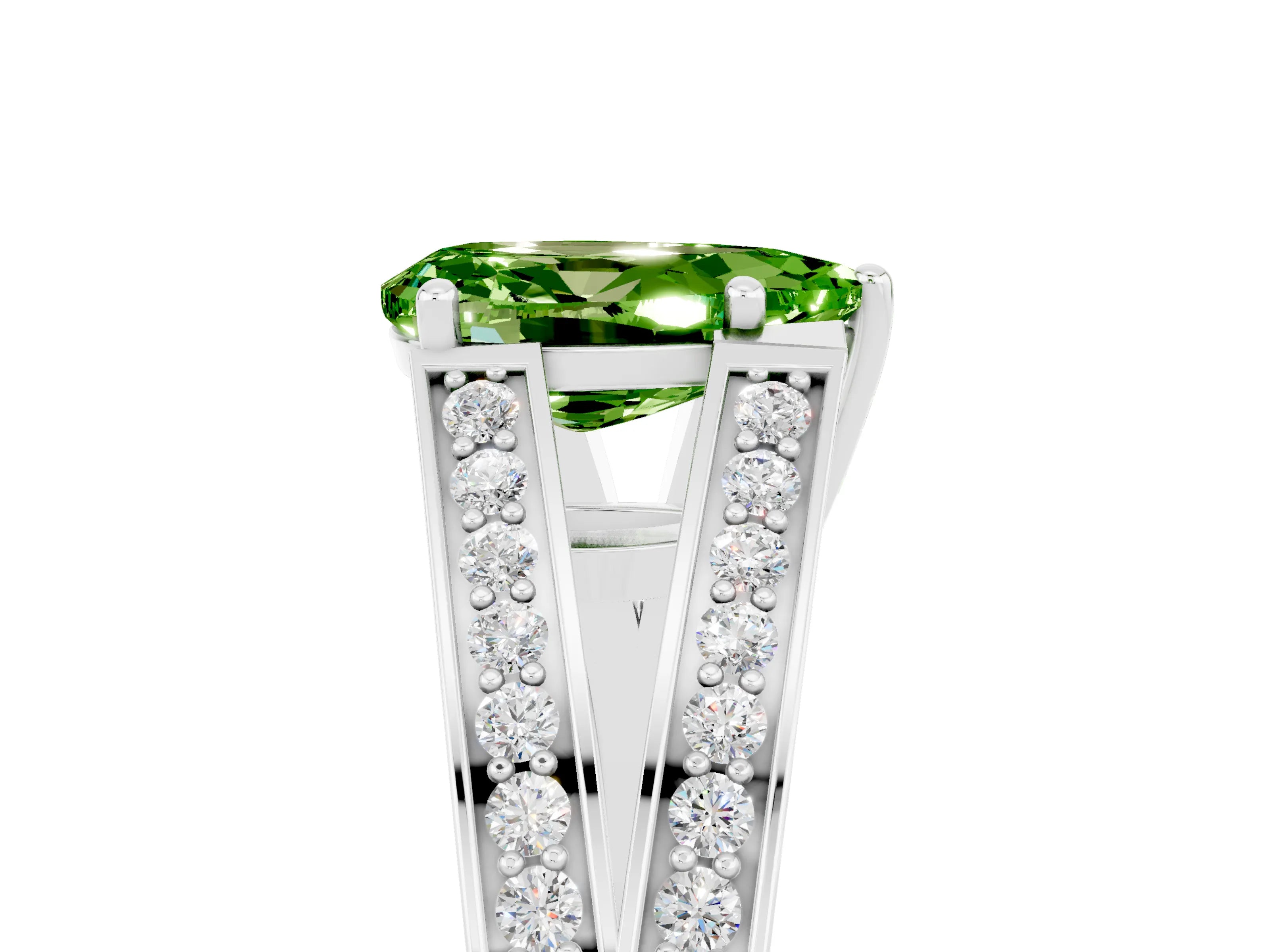 White gold Pear Cut Peridot Split Shank Ring with Pavé Band and Four-Prong Setting_5