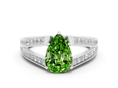 White gold Pear Cut Peridot Split Shank Ring with Pavé Band and Four-Prong Setting