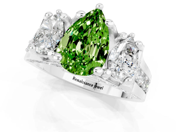 White gold Pear Cut Peridot Three-Stone Ring with Channel Set Band and Four-Prong Setting