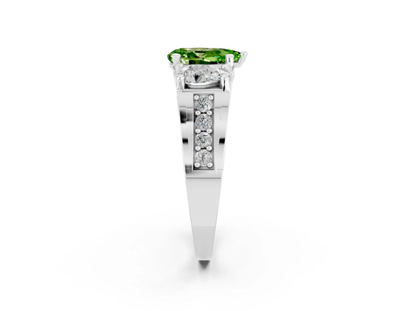 Silver Pear Cut Peridot Three-Stone Ring with Channel Set Band and Four-Prong Setting