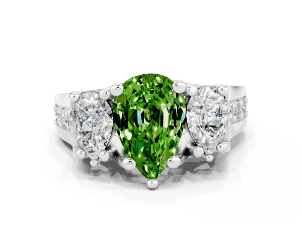 Silver Pear Cut Peridot Three-Stone Ring with Channel Set Band and Four-Prong Setting