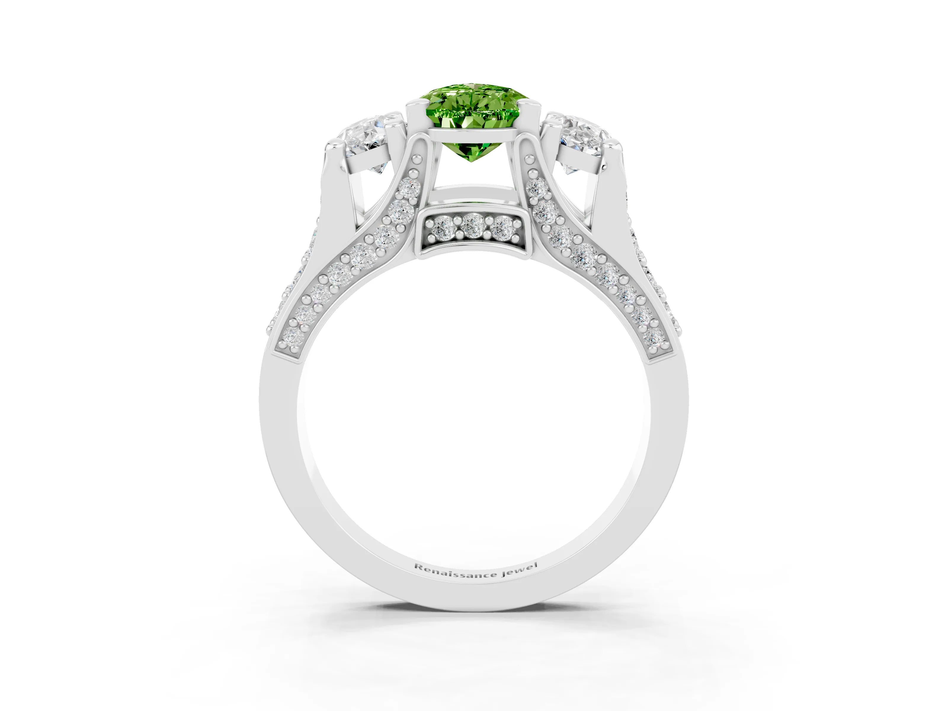 White gold Pear Cut Peridot Three-Stone Ring with Channel Set Band and Four-Prong Setting_3
