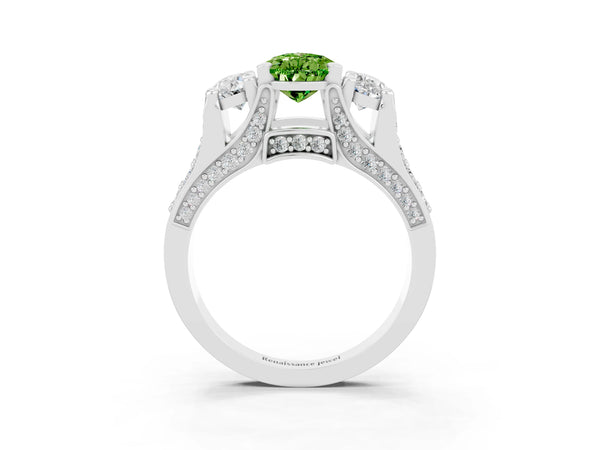 White gold Pear Cut Peridot Three-Stone Ring with Channel Set Band and Four-Prong Setting
