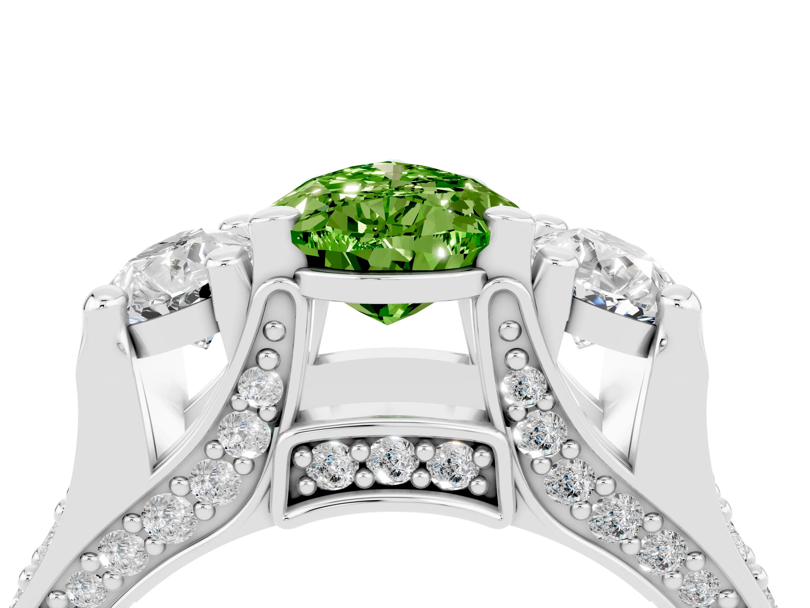 White gold Pear Cut Peridot Three-Stone Ring with Channel Set Band and Four-Prong Setting_4