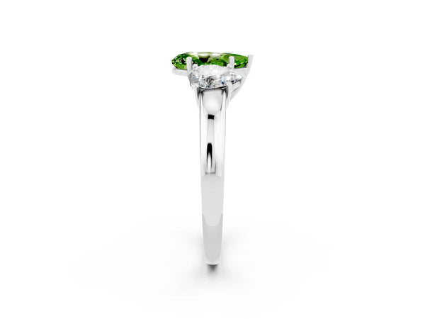 White gold Pear Cut Peridot Three-Stone Ring with Four-Prong Setting and Classic Band
