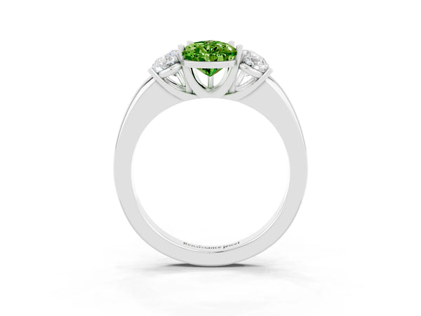 Silver Pear Cut Peridot Three-Stone Ring with Four-Prong Setting and Classic Band