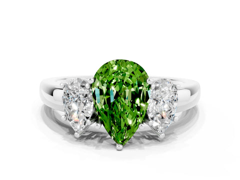 White gold Pear Cut Peridot Three-Stone Ring with Four-Prong Setting and Classic Band