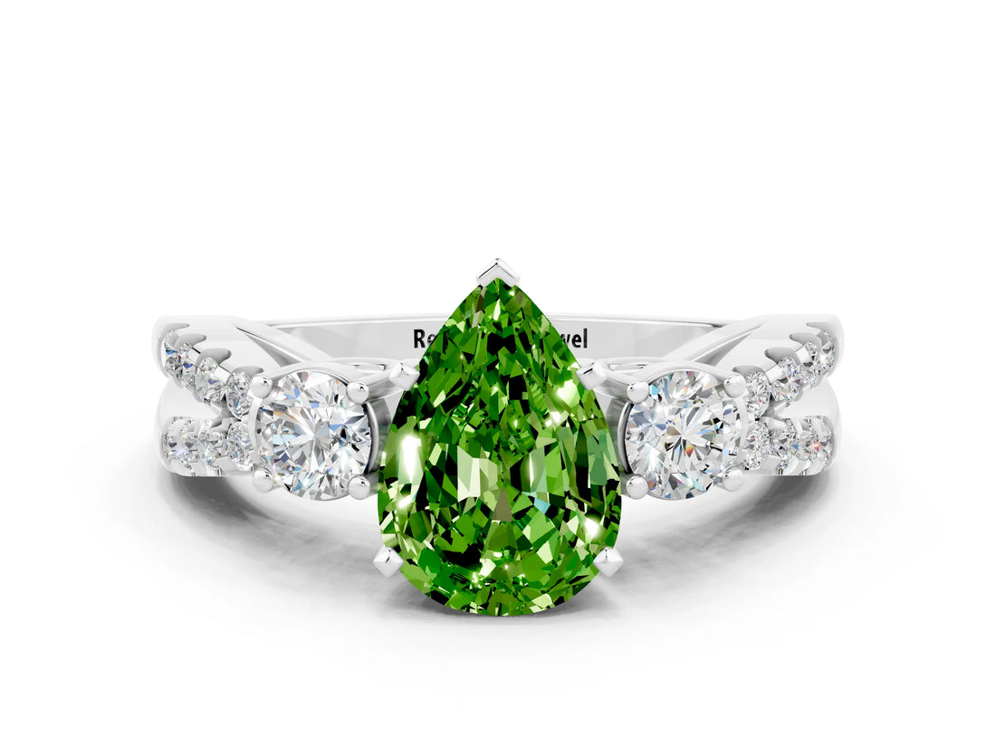 White gold Pear Cut Peridot Three-Stone Ring with Pavé Split Shank and Four-Prong Setting_12