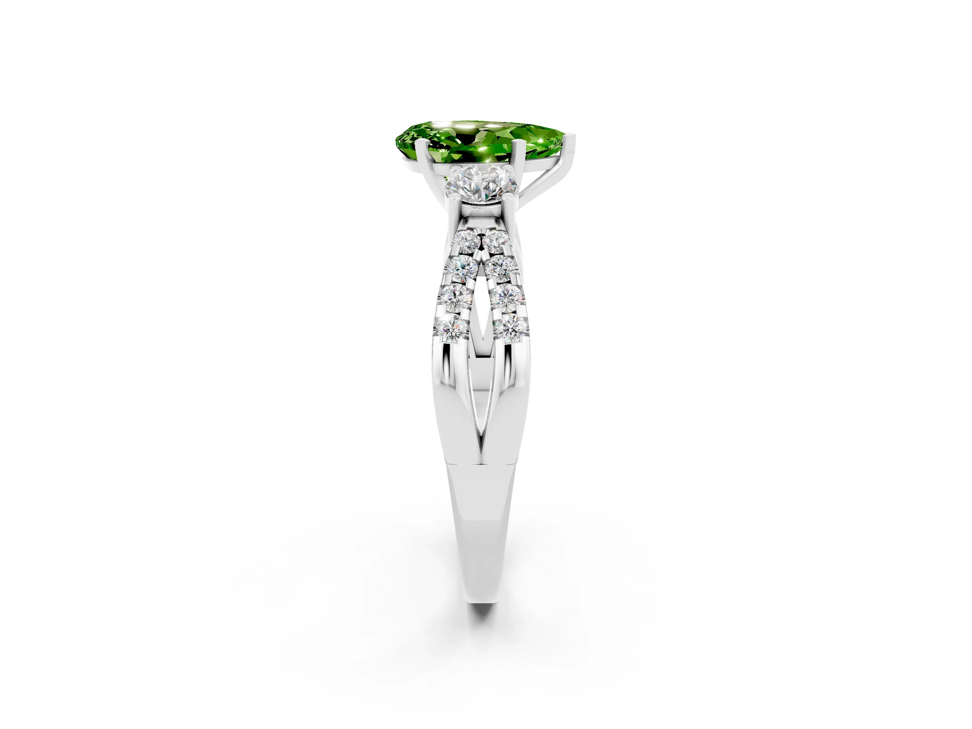 White gold Pear Cut Peridot Three-Stone Ring with Pavé Split Shank and Four-Prong Setting_14