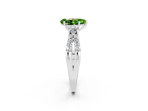 Silver Pear Cut Peridot Three-Stone Ring with Pavé Split Shank and Four-Prong Setting