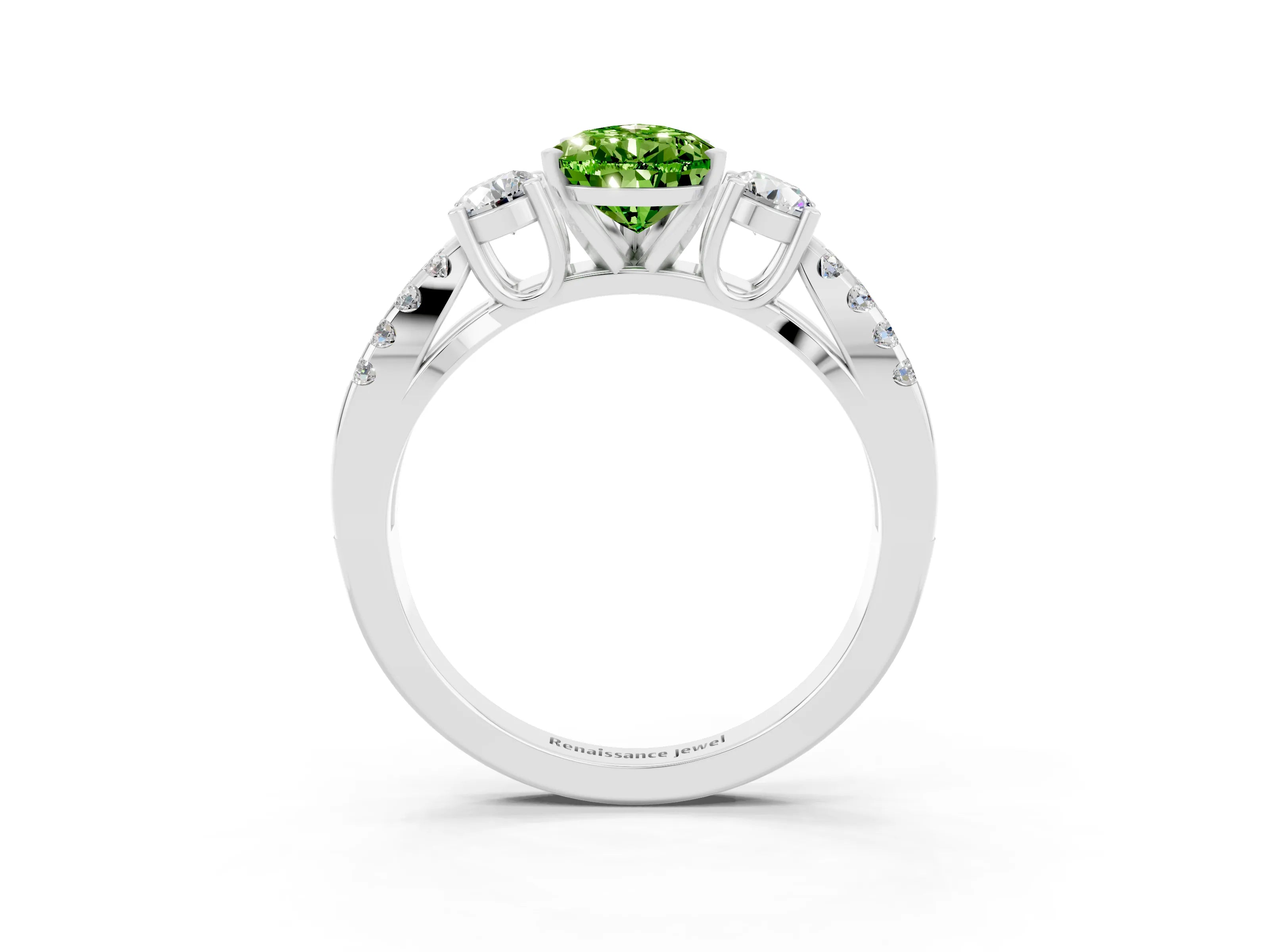 White gold Pear Cut Peridot Three-Stone Ring with Pavé Split Shank and Four-Prong Setting_15