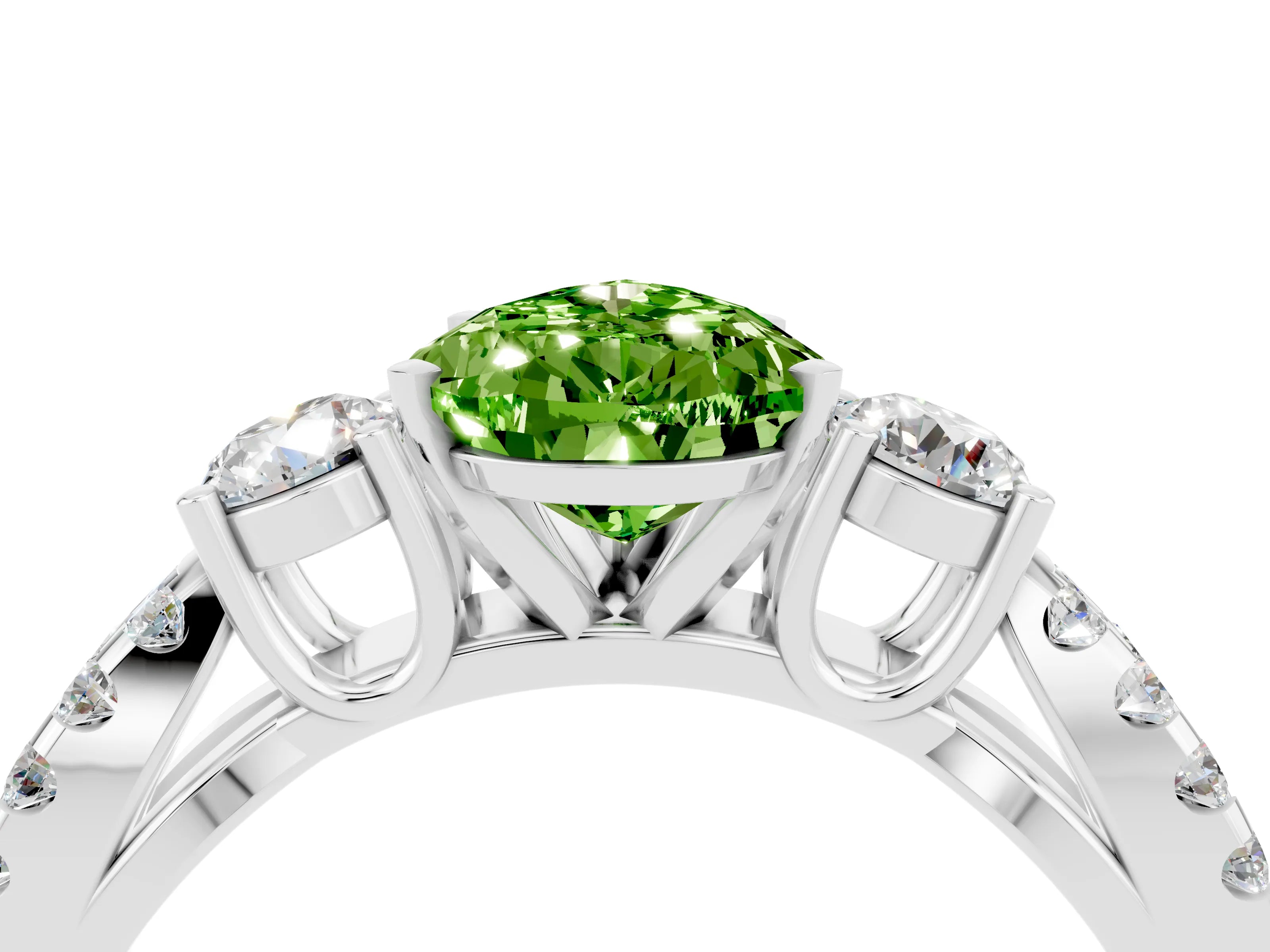 White gold Pear Cut Peridot Three-Stone Ring with Pavé Split Shank and Four-Prong Setting_16