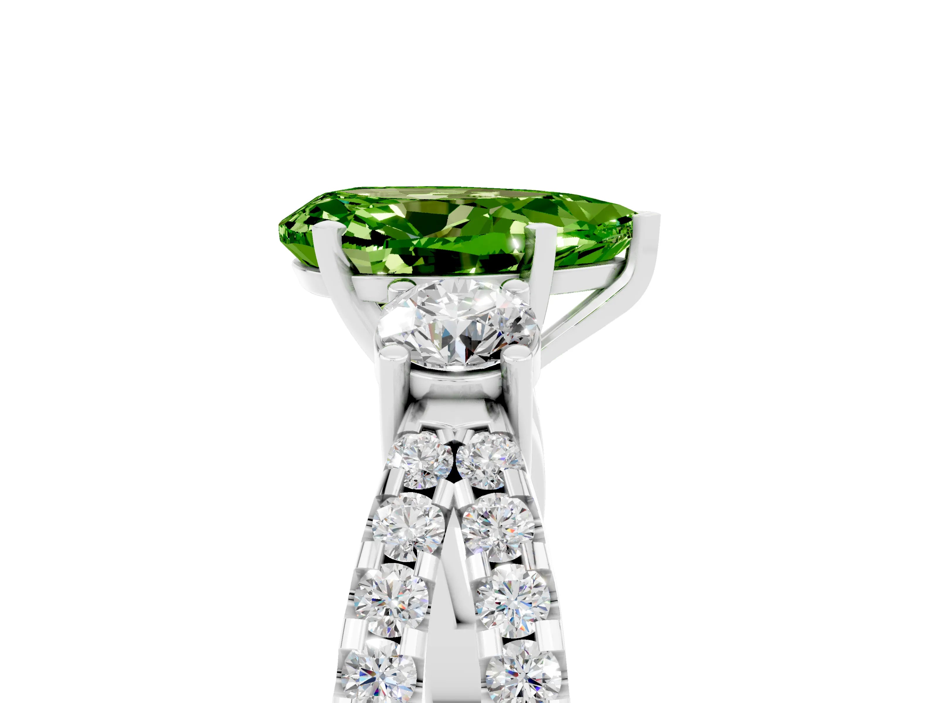 White gold Pear Cut Peridot Three-Stone Ring with Pavé Split Shank and Four-Prong Setting_17