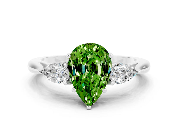 White gold Pear Cut Peridot Three-Stone Ring with Pear  Side Stones and Prong Setting