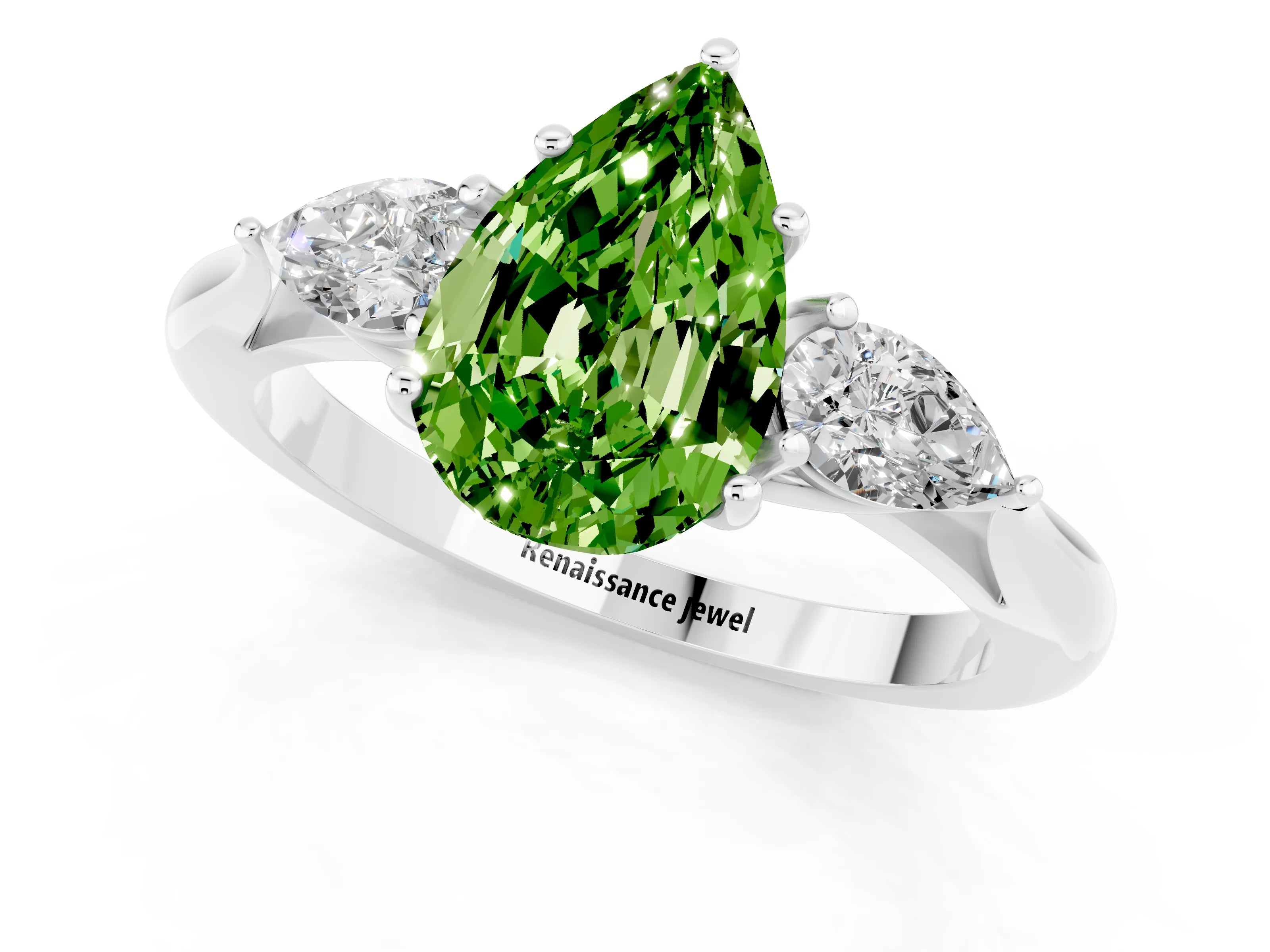 White gold Pear Cut Peridot Three-Stone Ring with Pear Side Stones and Four-Prong Setting_13
