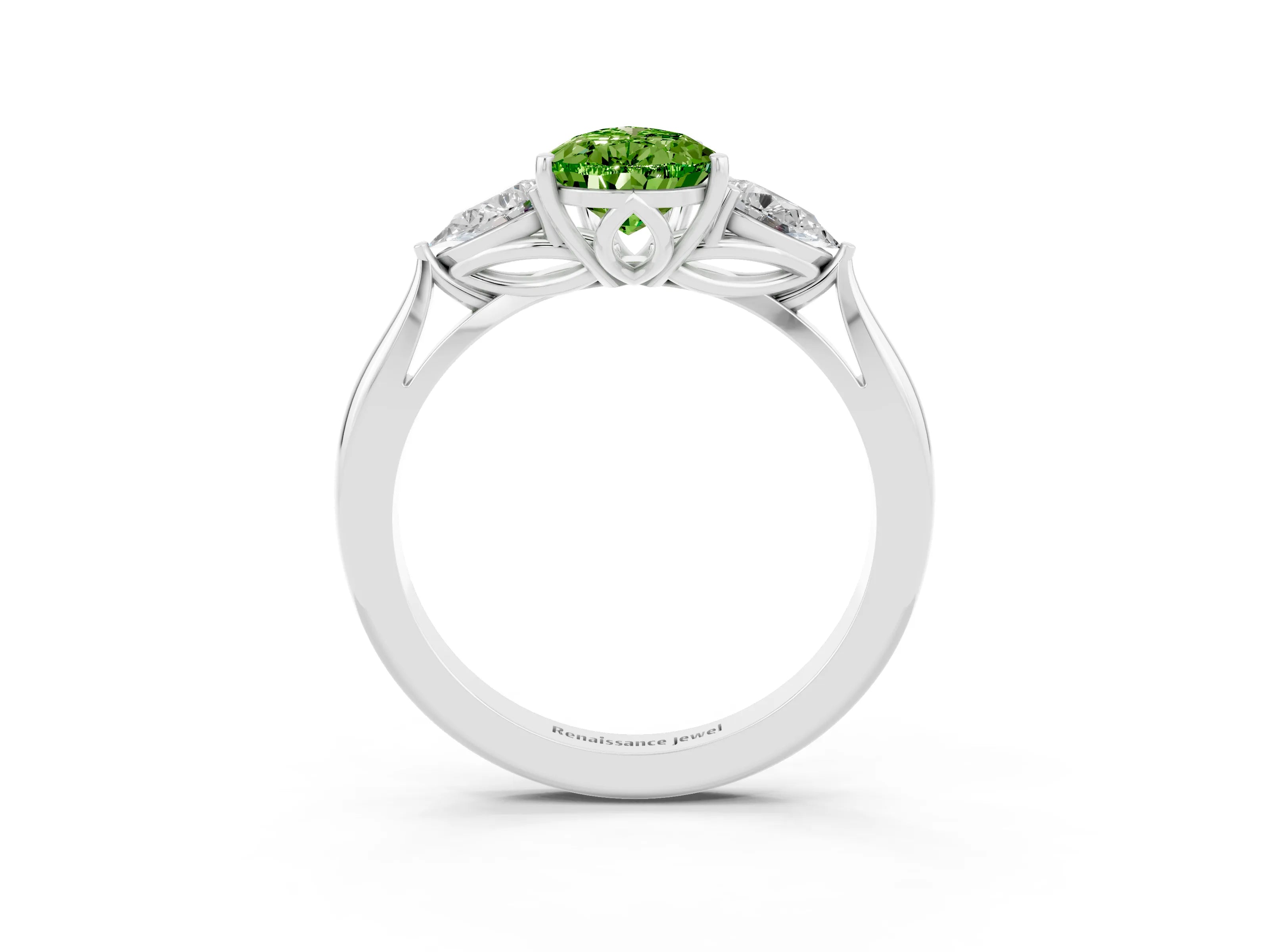 White gold Pear Cut Peridot Three-Stone Ring with Pear Side Stones and Four-Prong Setting_15