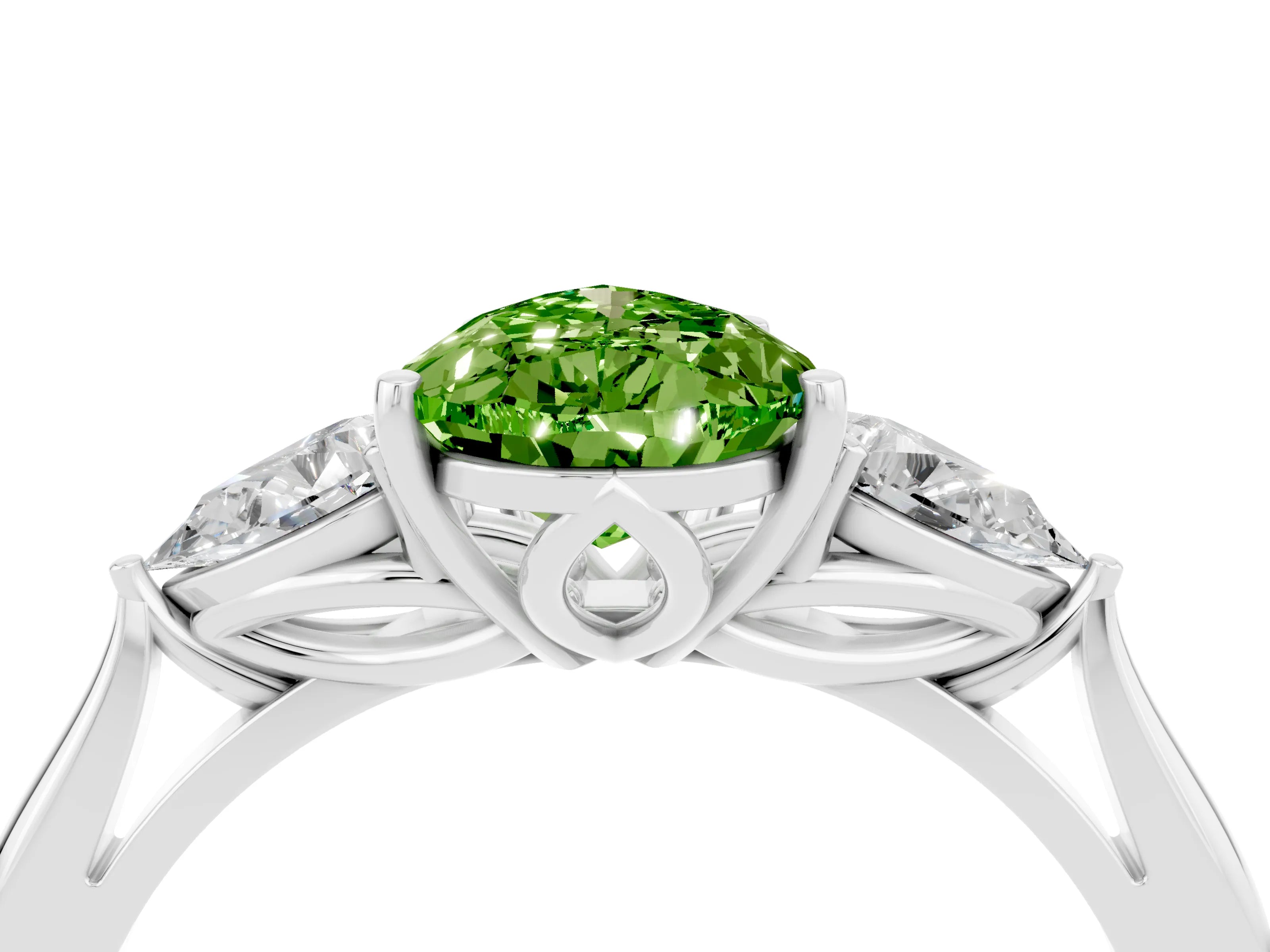 White gold Pear Cut Peridot Three-Stone Ring with Pear Side Stones and Four-Prong Setting_16