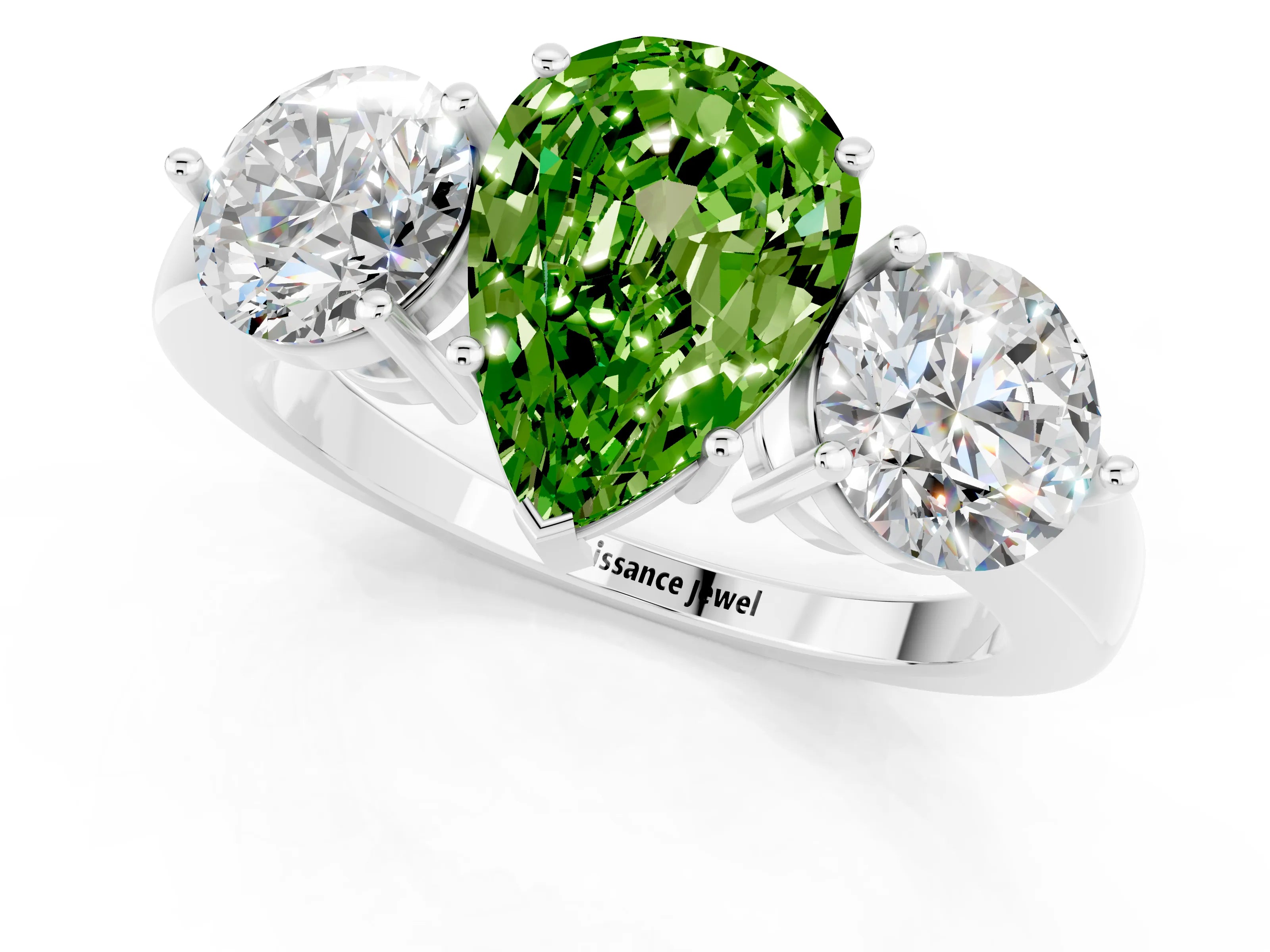 White gold Pear Cut Peridot Three-Stone Ring with Prong Setting and Classic Band_1
