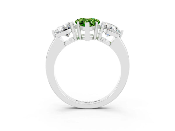 Silver Pear Cut Peridot Three-Stone Ring with Prong Setting and Classic Band