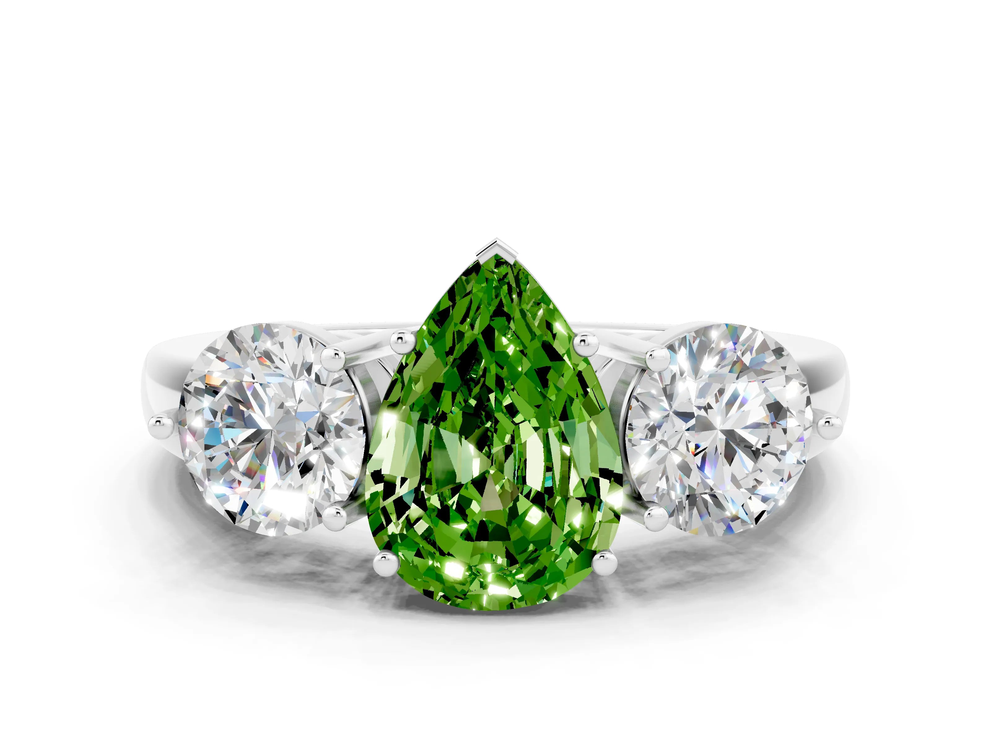 White gold Pear Cut Peridot Three-Stone Ring with Prong Setting and Classic Band