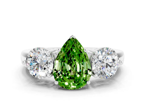 White gold Pear Cut Peridot Three-Stone Ring with Prong Setting and Classic Band