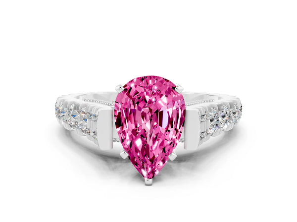 White gold Pear Cut Pink Sapphire Classic Solitaire Ring with Pavé Band and Four-Prong Setting