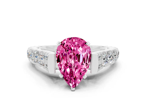 White gold Pear Cut Pink Sapphire Classic Solitaire Ring with Pavé Band and Four-Prong Setting_12