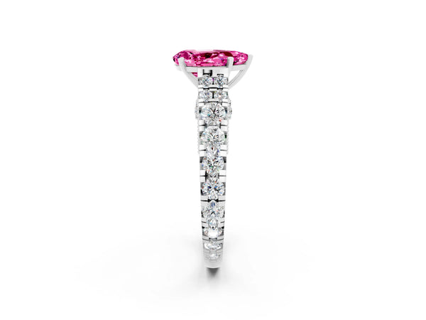 White gold Pear Cut Pink Sapphire Classic Solitaire Ring with Pavé Band and Four-Prong Setting