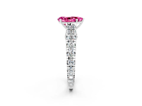 White gold Pear Cut Pink Sapphire Classic Solitaire Ring with Pavé Band and Four-Prong Setting_14