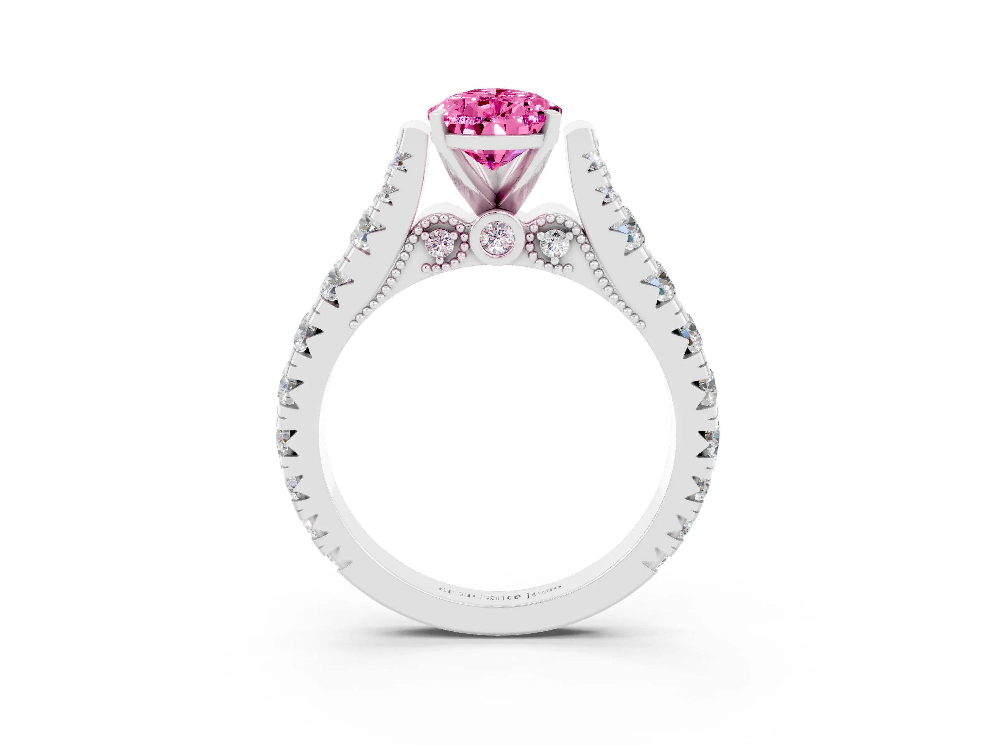 White gold Pear Cut Pink Sapphire Classic Solitaire Ring with Pavé Band and Four-Prong Setting_15