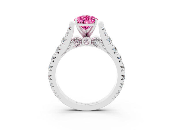 Platinum Pear Cut Pink Sapphire Classic Solitaire Ring with Pavé Band and Four-Prong Setting