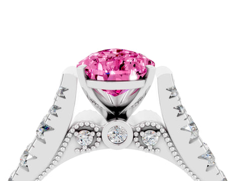 White gold Pear Cut Pink Sapphire Classic Solitaire Ring with Pavé Band and Four-Prong Setting_16