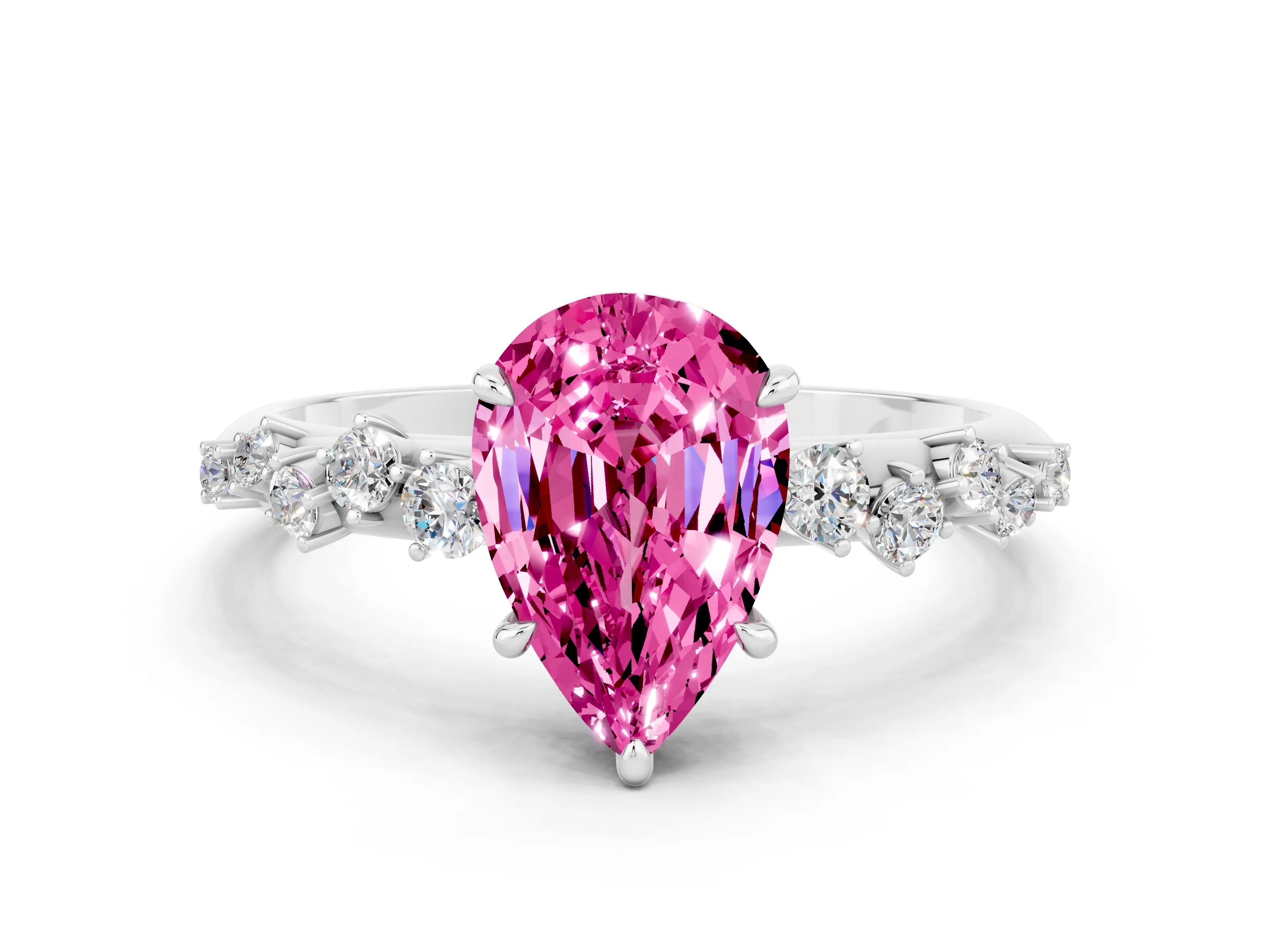 White gold Pear Cut Pink Sapphire Cluster Side Stone Solitaire Ring with Prong Setting_48