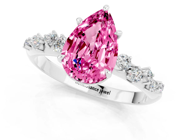 Silver Pear Cut Pink Sapphire Cluster Side Stone Solitaire Ring with Prong Setting